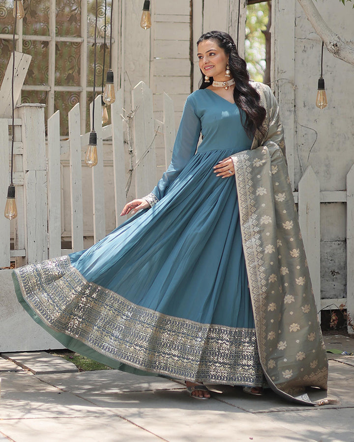 Designer Sky Blue Color Faux Georgette Embroidered Gown