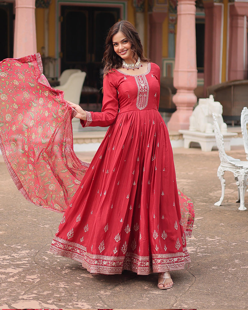 Maroon Color Chinnon Sequence Embroidered Gown