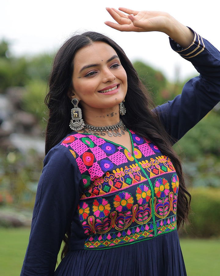 Traditional Navy Blue Kutchi Embroidered Navratri Gown