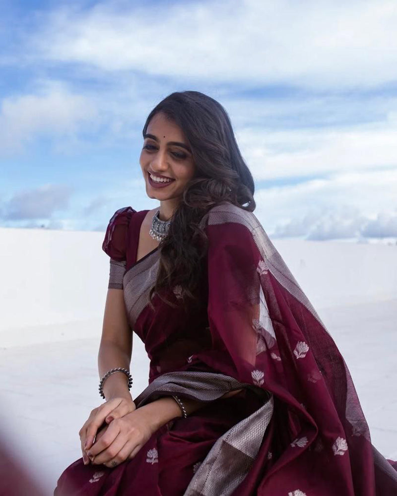 Wine Soft Linen Cotton silk Saree