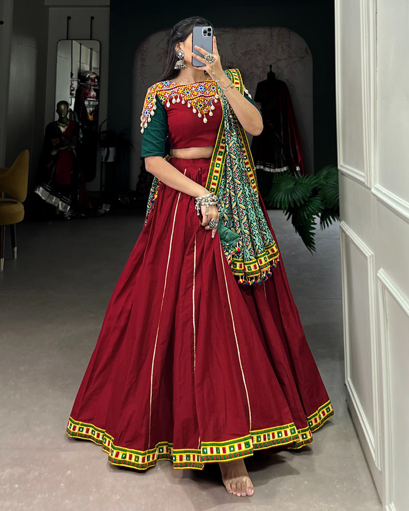 Maroon Color Cotton Real Mirror Navratri Lehenga Choli