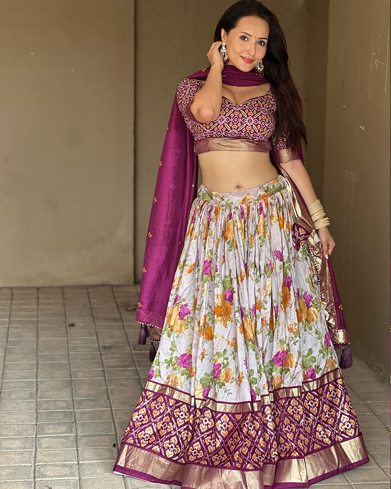 Wine Color Tussar Silk Floral And Patola Printed Navratri Lehenga Choli