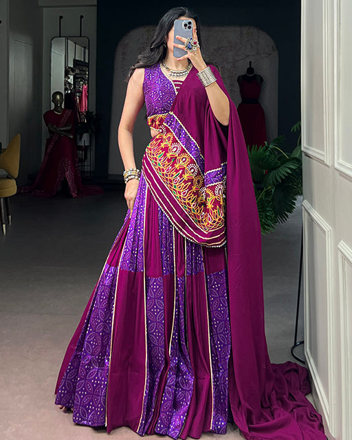 Rani Pink Color Rayon Tussar Silk Navratri Lehenga Choli