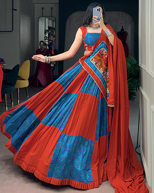 Orange Color Rayon Tussar Silk Navratri Lehenga Choli