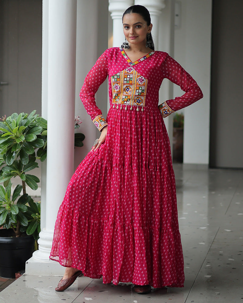 Pink Color Georgette Bandhani Print Navratri Gown