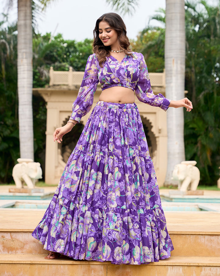 Purple Color Georgette Printed Crop Top Lehenga Choli