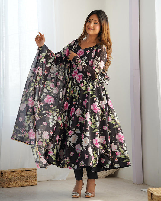 Black Color Pure Soft Organza Three Piece Anarkali Suit