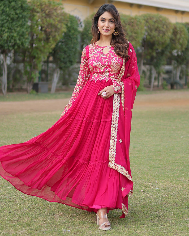 Rani Pink Color Frill Georgette Gown With Dupatta – TANHAI