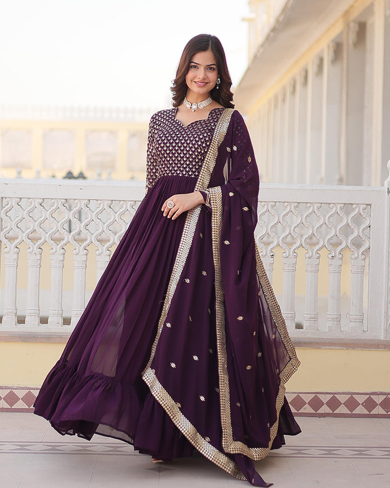 Wine Color Faux Blooming Gown With Sequins Embroidered Dupatta