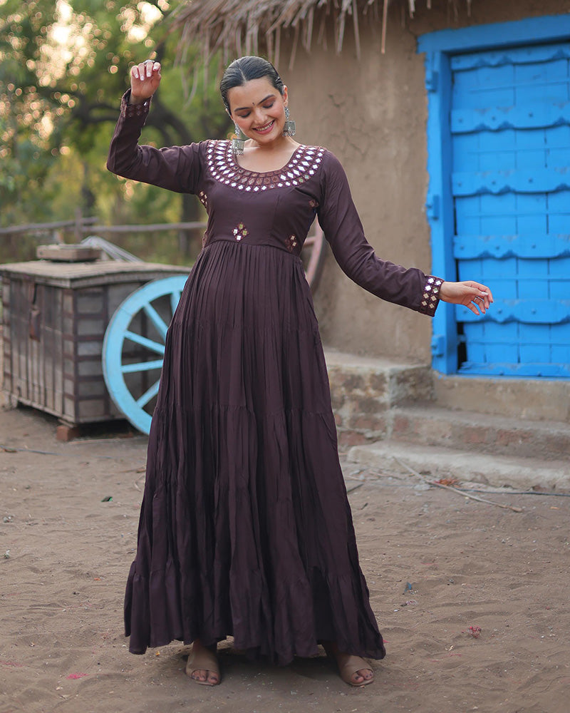 Dark Dusty Color Rayon Mirror Work Navratri Gown