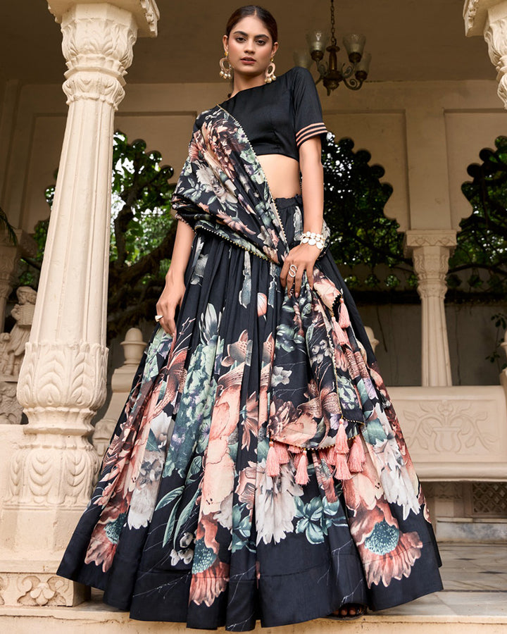 Black Color Tussar Silk Floral Printed Lehenga Choli