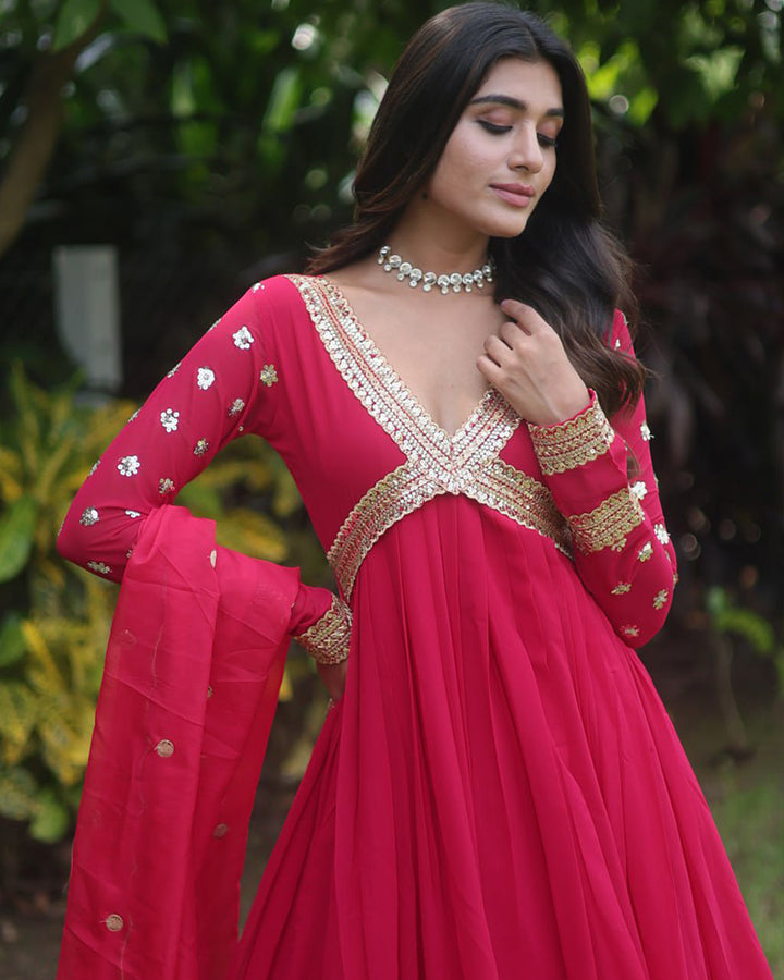 Wedding Wear Embroidered Rani Pink Color Alia Cut Gown With Dupatta