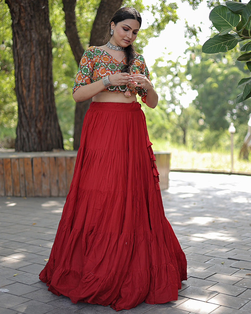 Red Color Rayon Full Flair Navratri Lehenga Choli