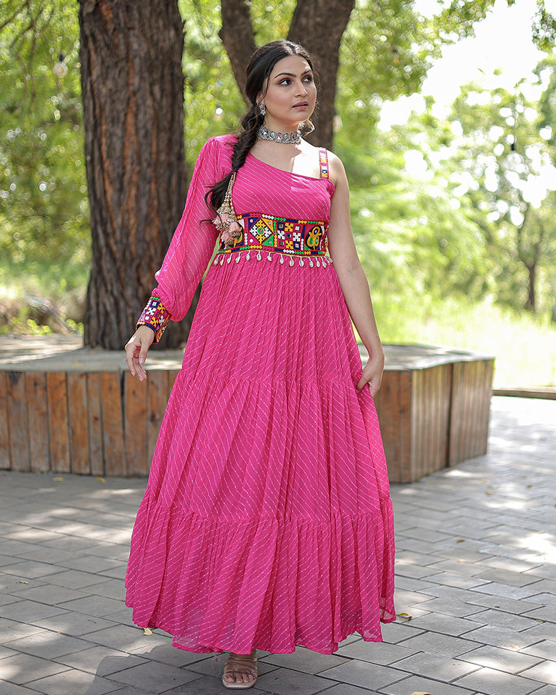 Pink Color Georgette Laheriya Print Navratri Gown