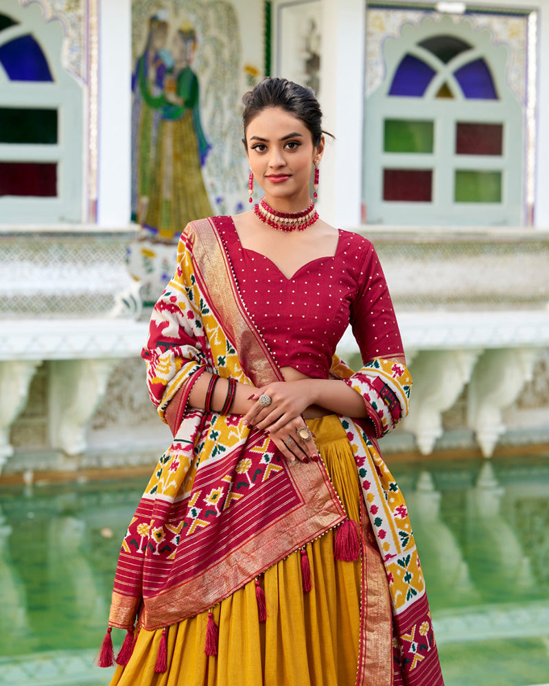 Mustard Color Tussar Silk Patola Printed Lehenga Choli