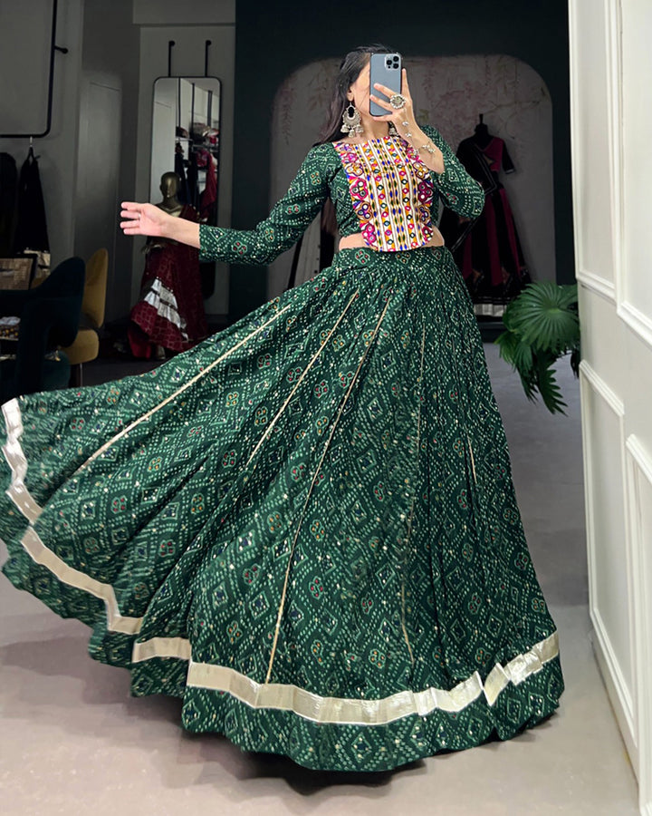 Green Color Rayon Bandhej Print Navratri Lehenga Choli