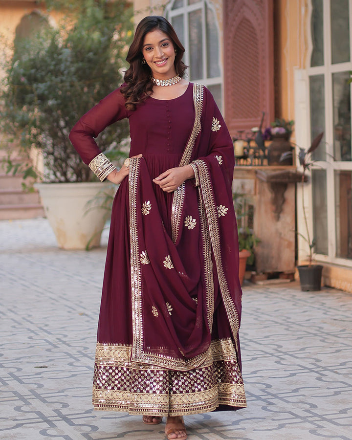 Royal Maroon Color Faux Blooming Zari Embroidered Work Gown