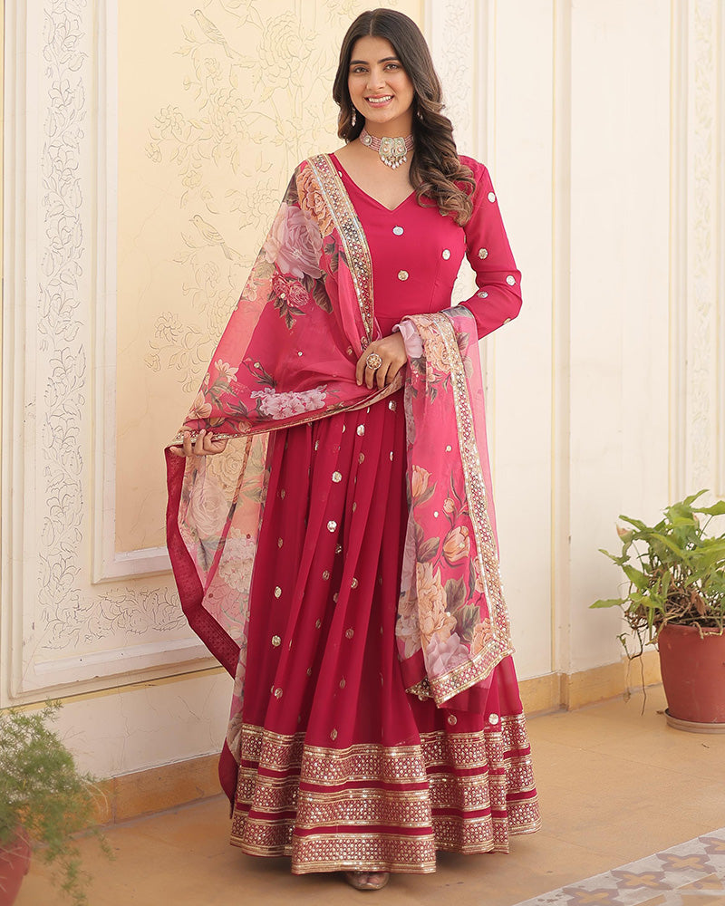 Faux Georgette Rani Pink Color Anarkali Gown With Tebby Silk Dupatta