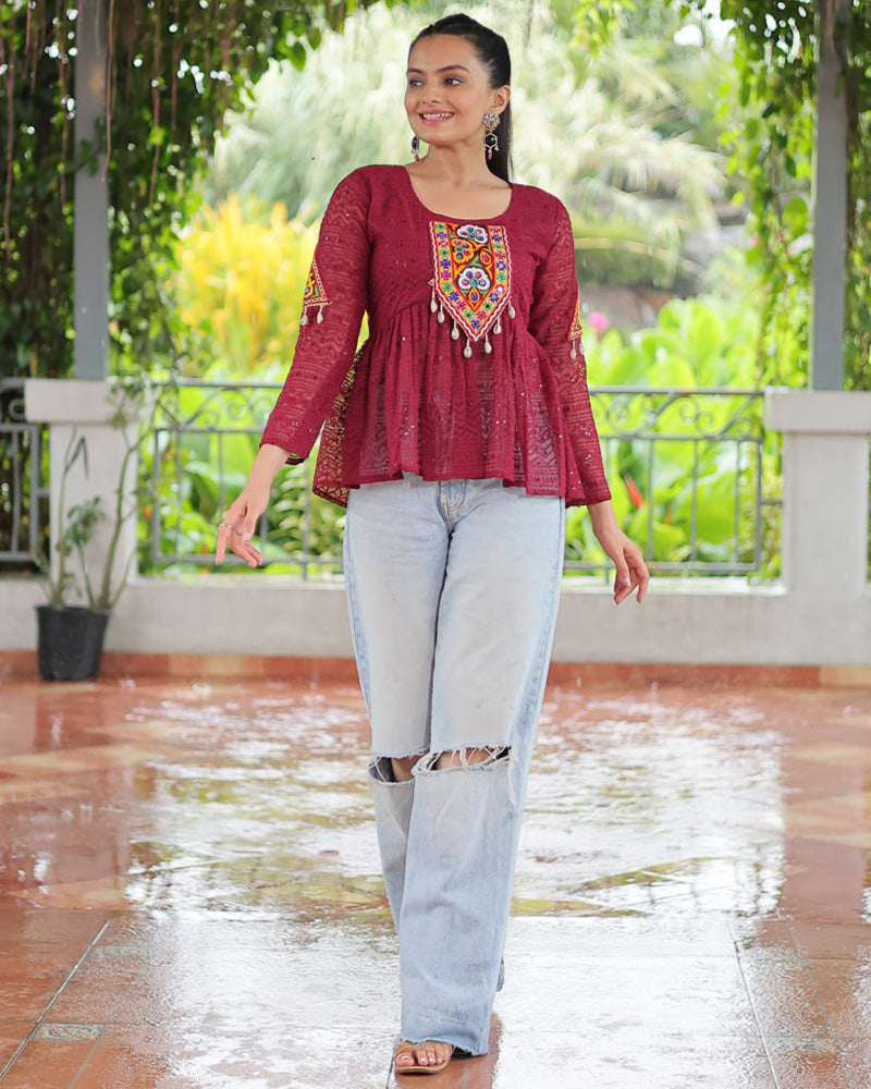 Maroon Color Georgette Schiffli Work Navratri Kediya