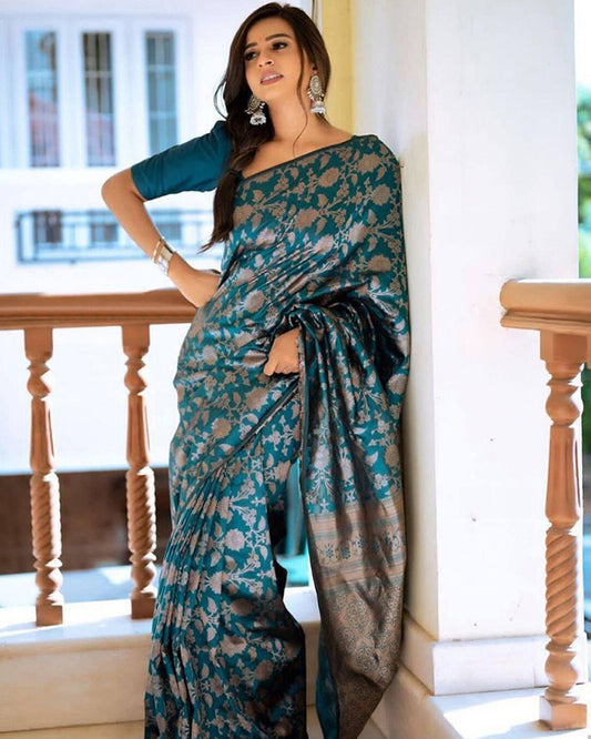 Rama Color Banarasi Jacquard Soft Silk Saree