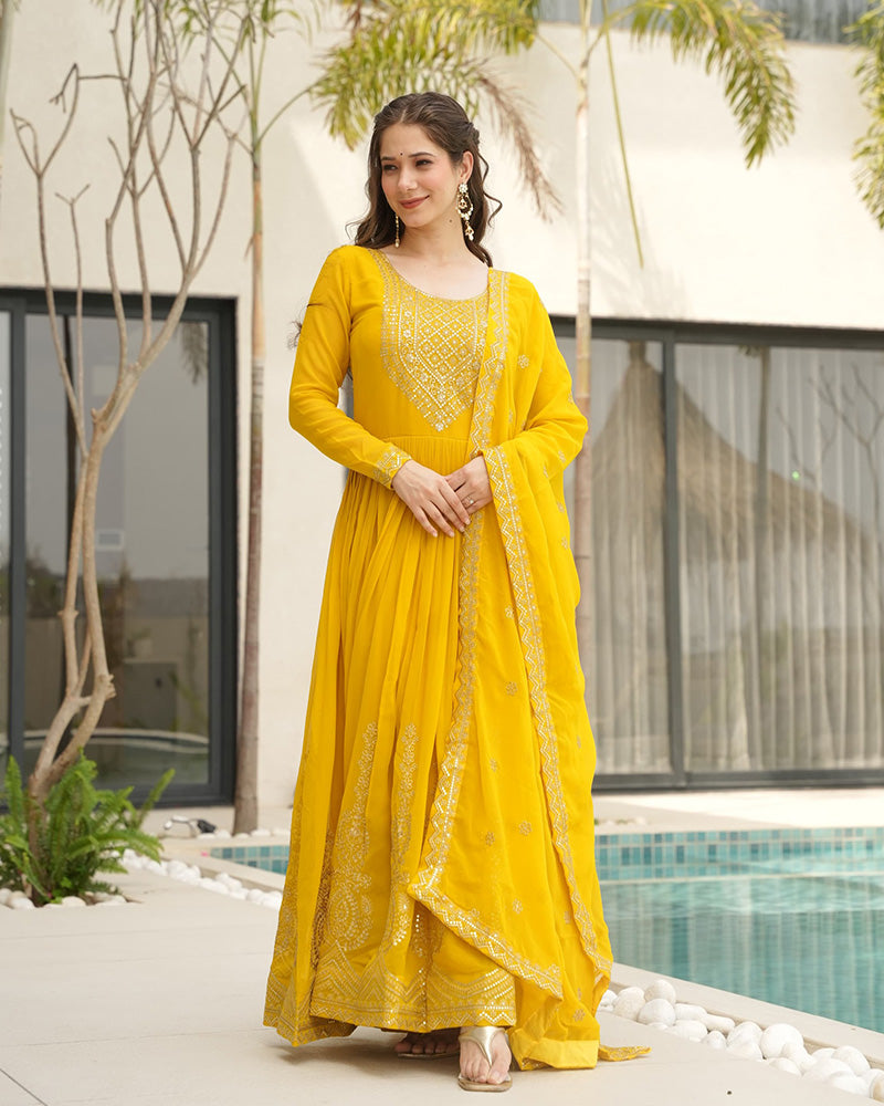 Yellow Color Faux Blooming Embroidered Gown