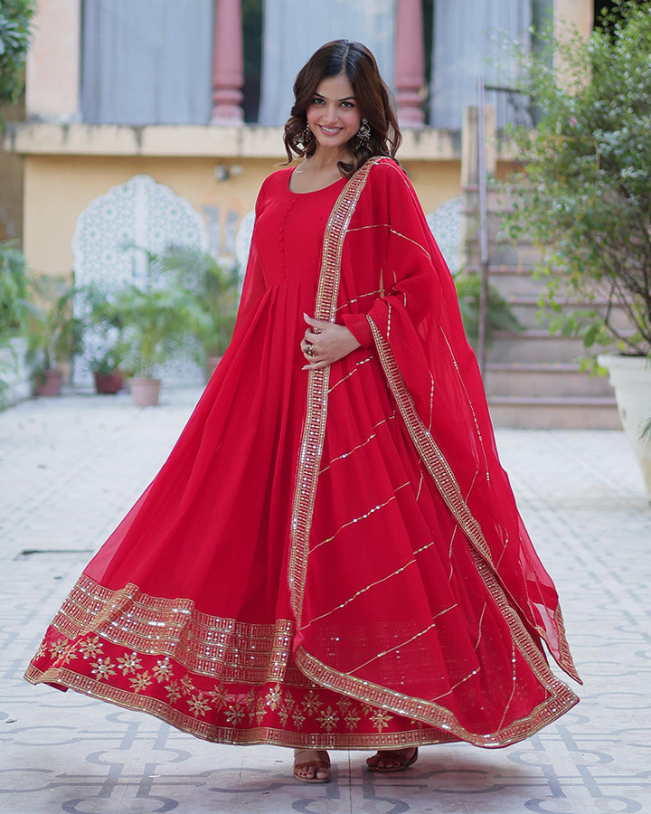 Exclusive Red Color Attractive Sequence Embroidery Work Gown