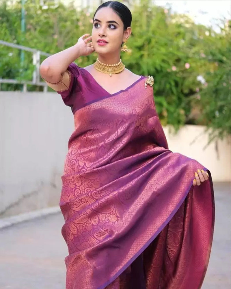 Wine Color Banarasi Soft Silk Saree