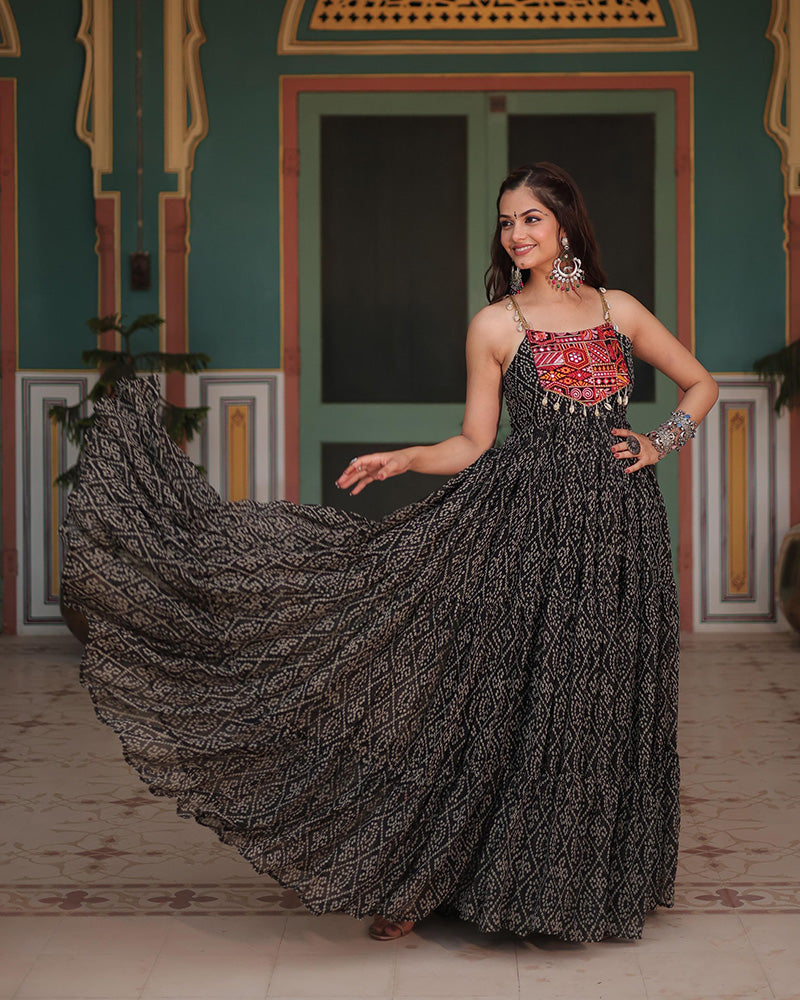 Black Color Georgette Bandhej Print Navratri Gown