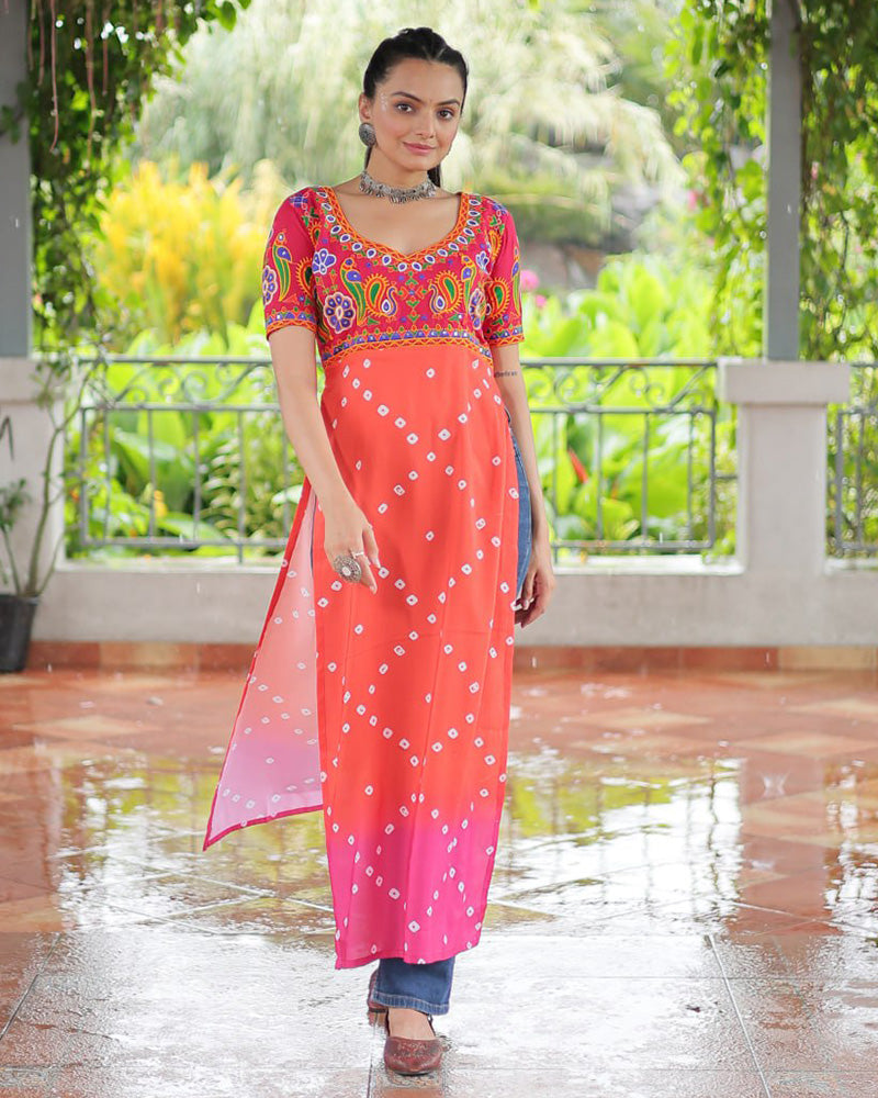 Traditional Orange Pink Color Bandhani Print Navratri Kurti