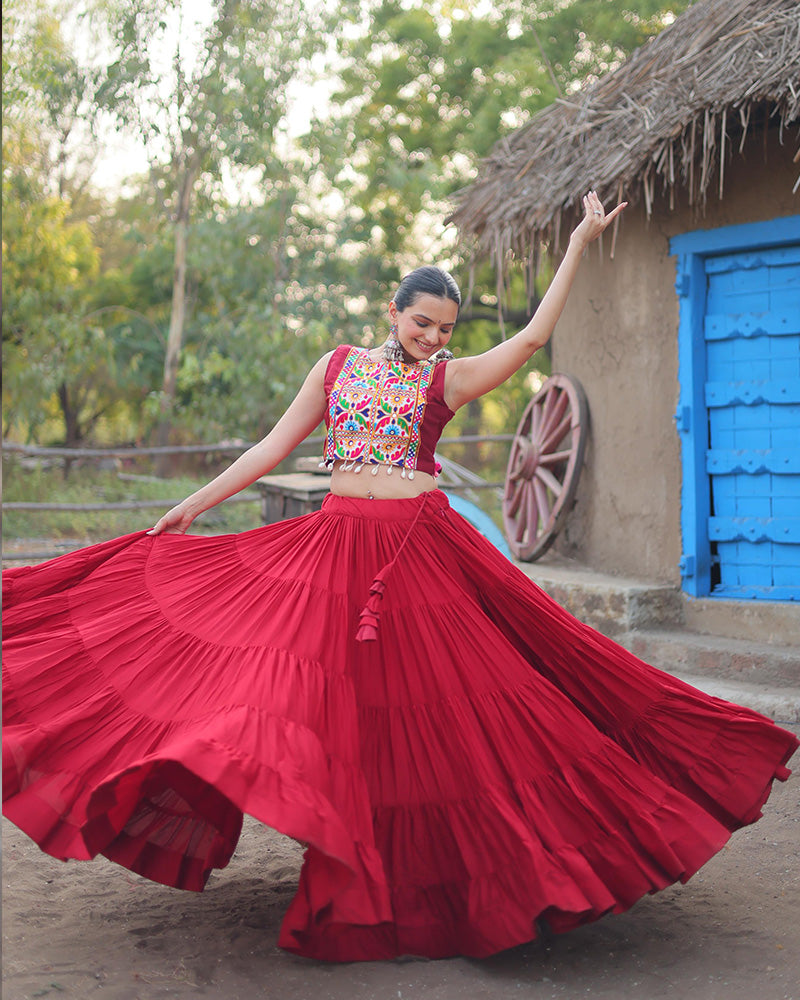 Maroon Color Rayon Embroidered Navratri Lehenga Choli