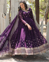 Designer Purple Color Faux Blooming Embroidered Gown