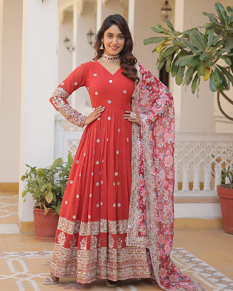 Red Color Faux Georgette Designer Gown With Dupatta