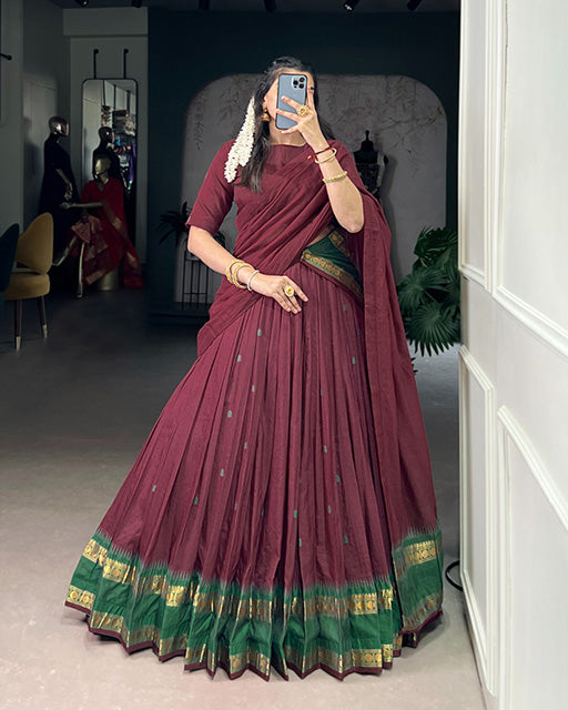 Elegant Maroon Chanderi cotton half saree lehenga choli