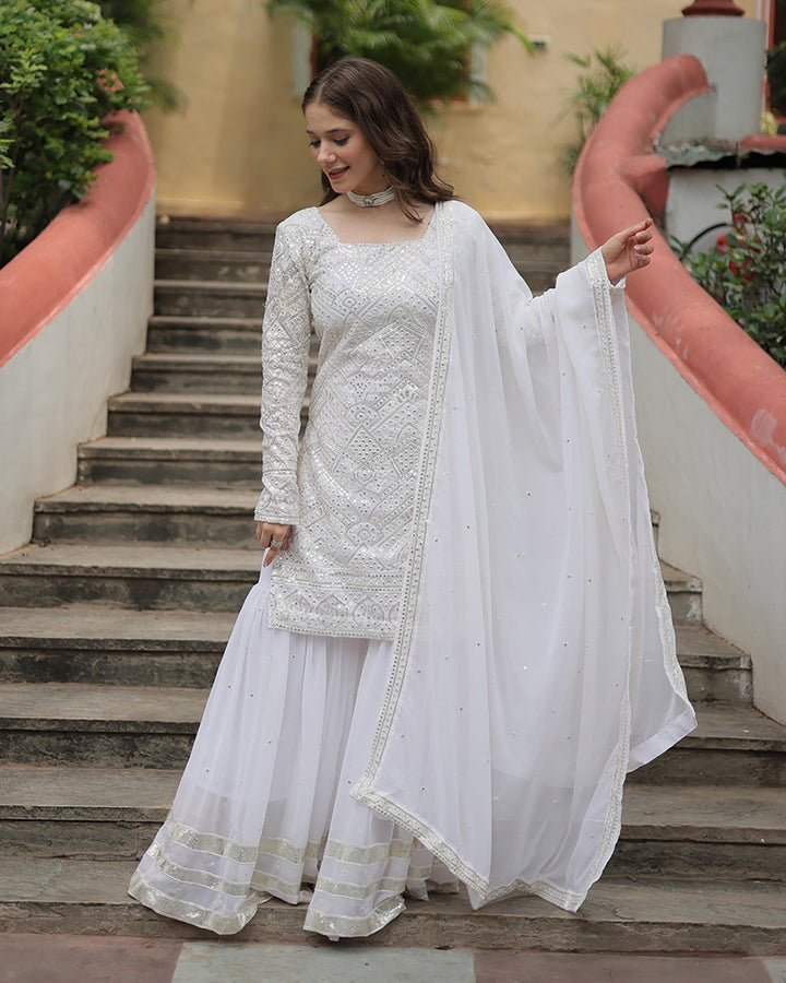 White Color Faux Georgette Embroidered Sharara Suit