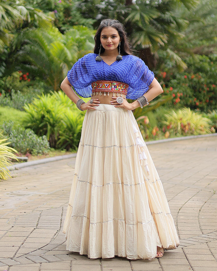 White Color Kora Cotton Lehenga With Blue Choli