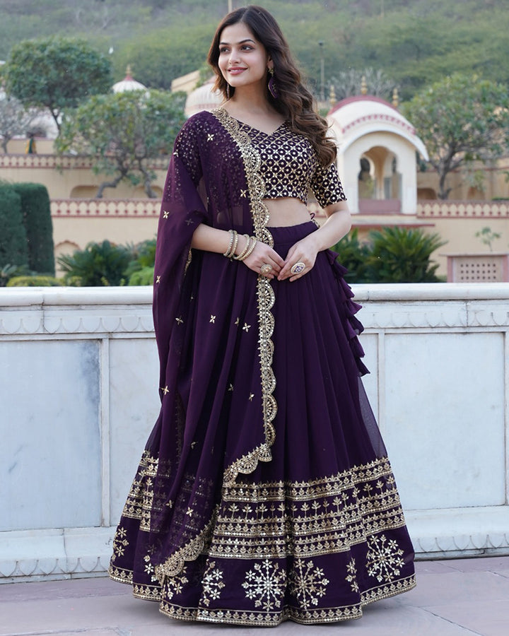 Designer Sequence Embroidery Work Georgette Lehenga Choli In Wine Color