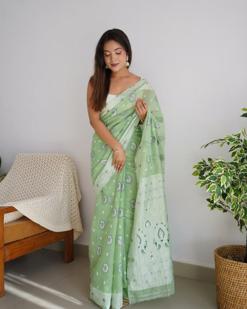 Beautiful Pista Color Soft Cotton Saree