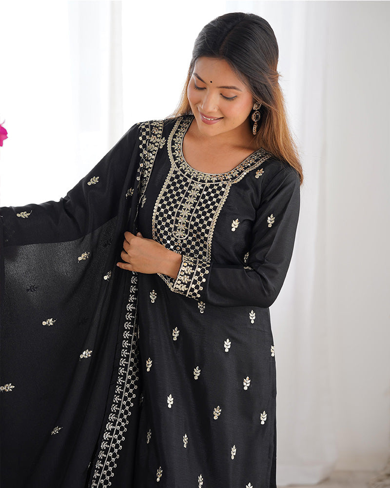 Black Color Chinon Silk Three Piece Kurti Suit