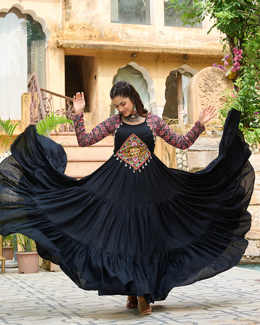 Classic Black Mirror Embroidered Rayon Gown For Navratri