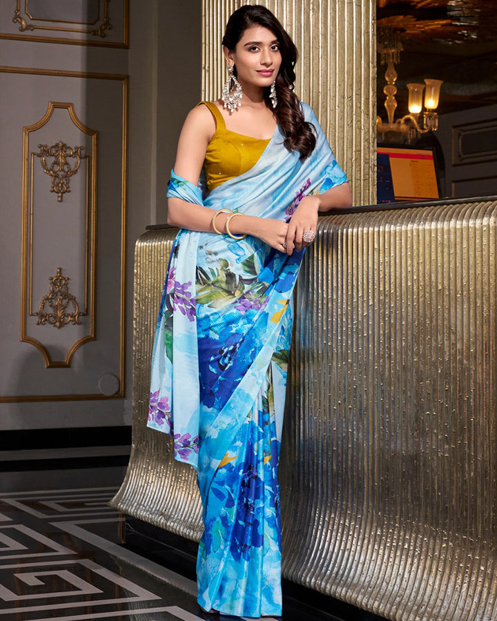 Sky Blue Color Satin Silk Printed Saree