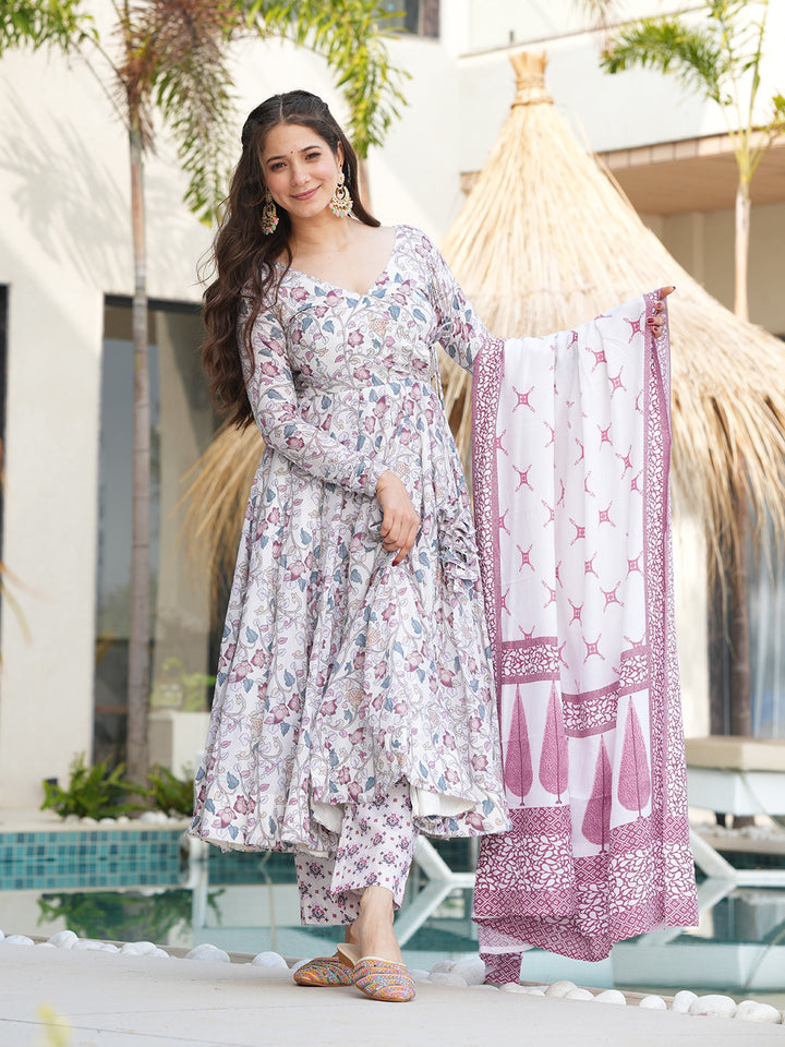 White Color Printed Soft Cotton Three Piece Anarkali Suit