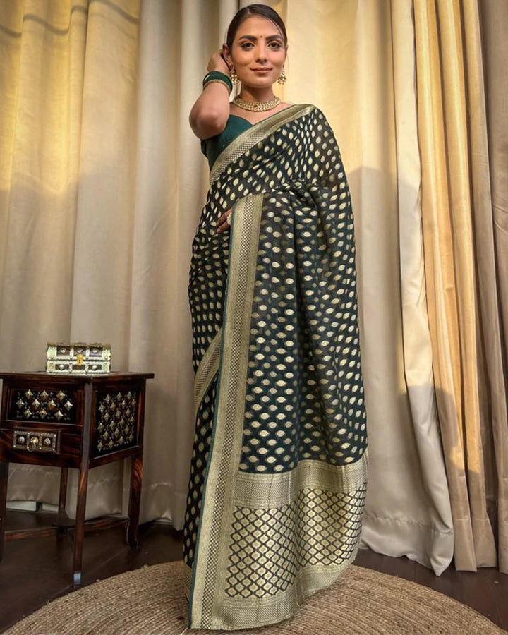 Beautiful Green Color Banarasi Jacquard Weaving Saree