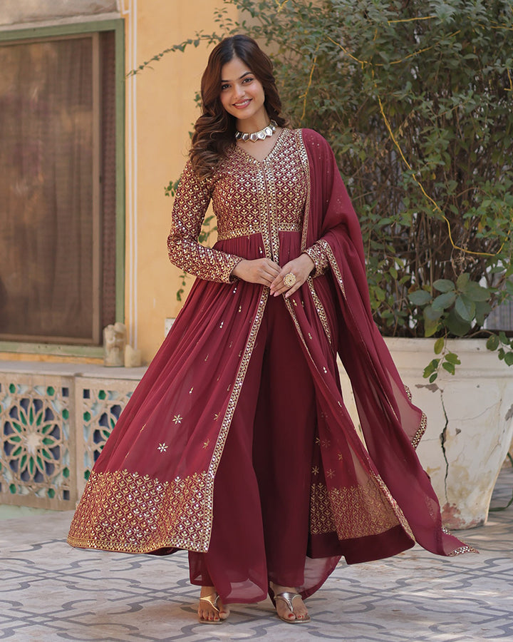 Designer Brown Color Three Piece Sharara Suit