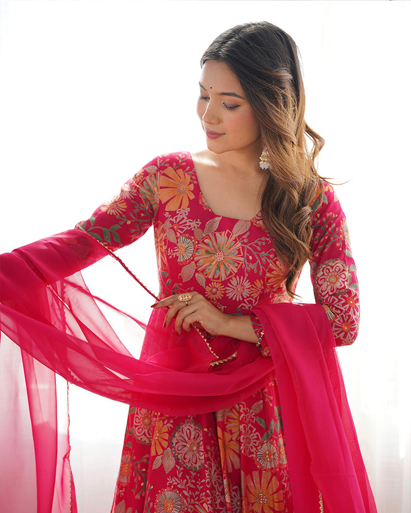 Rani Pink Color Roman Silk Discharge Printed Plazzo Suit