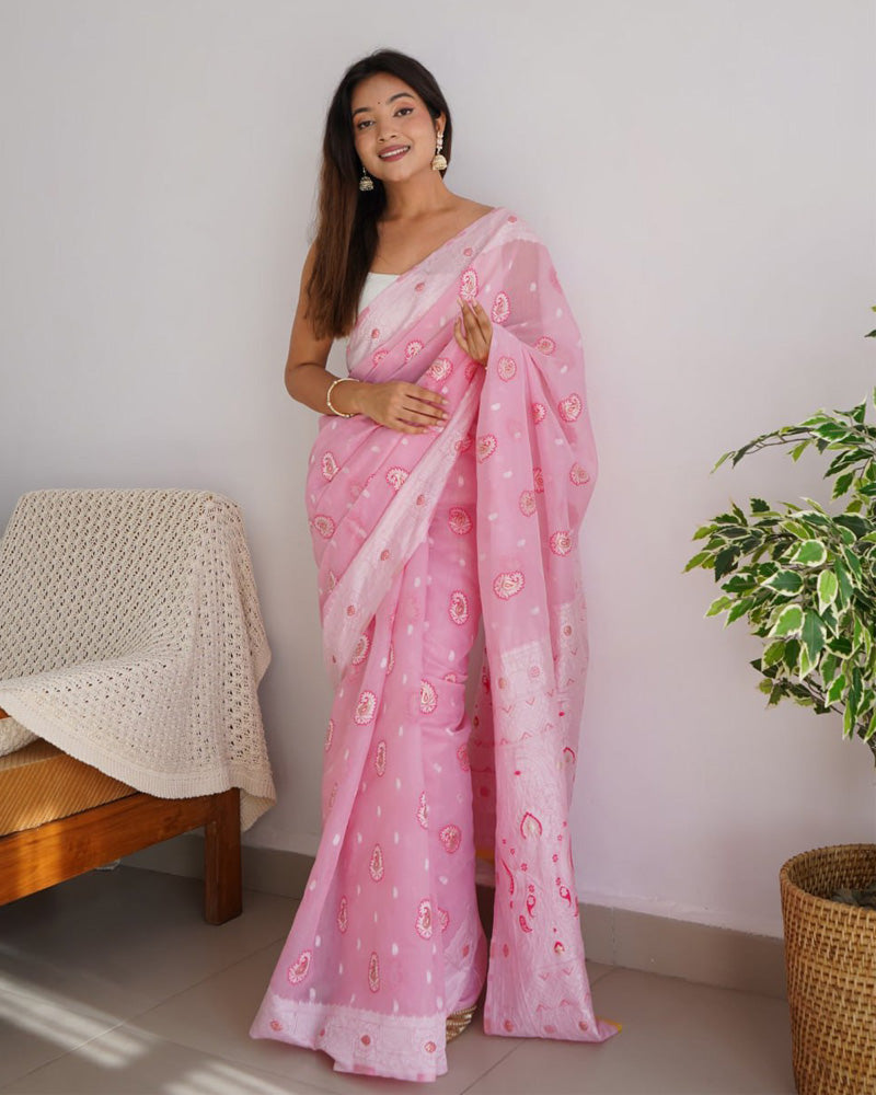 Beautiful Pink Color Soft Cotton Saree