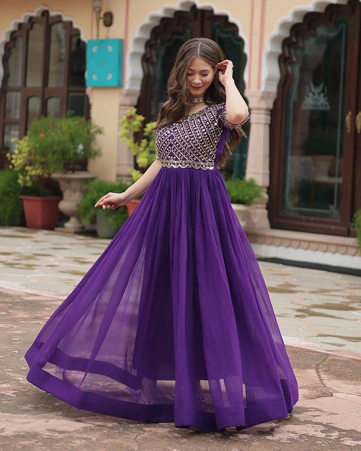 Purple Color Faux Blooming Embroidered Sequence Gown