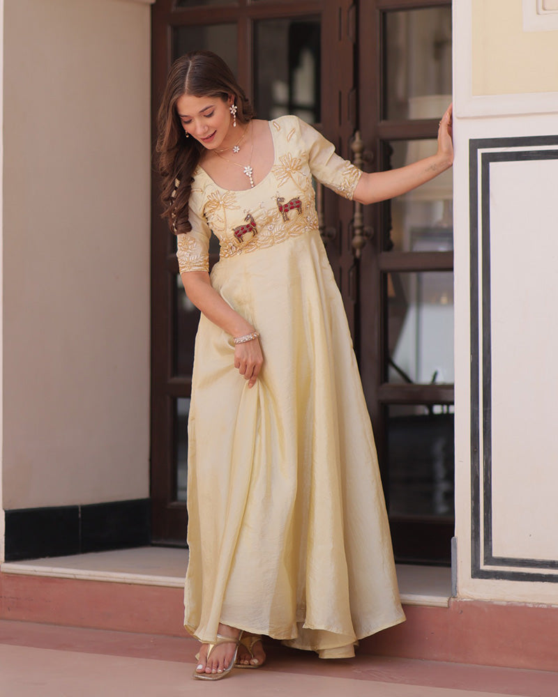 Cream Color Gold Crush Embroidered Work Gown