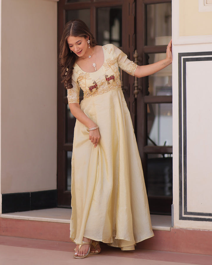 Cream Color Gold Crush Embroidered Work Gown