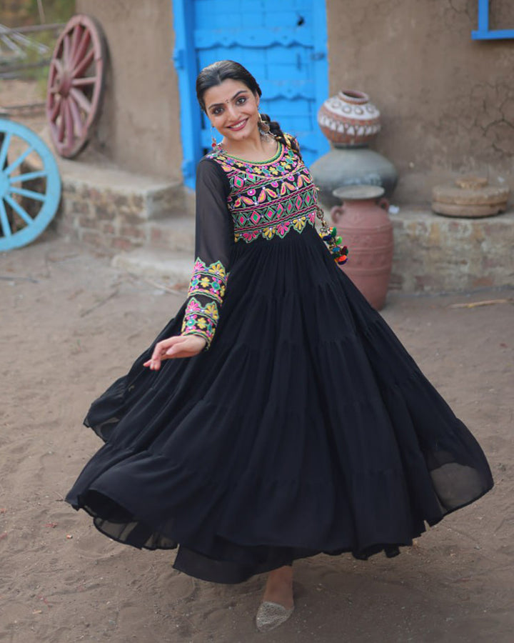 Black Color Blooming Ruffle Style Navratri Gown