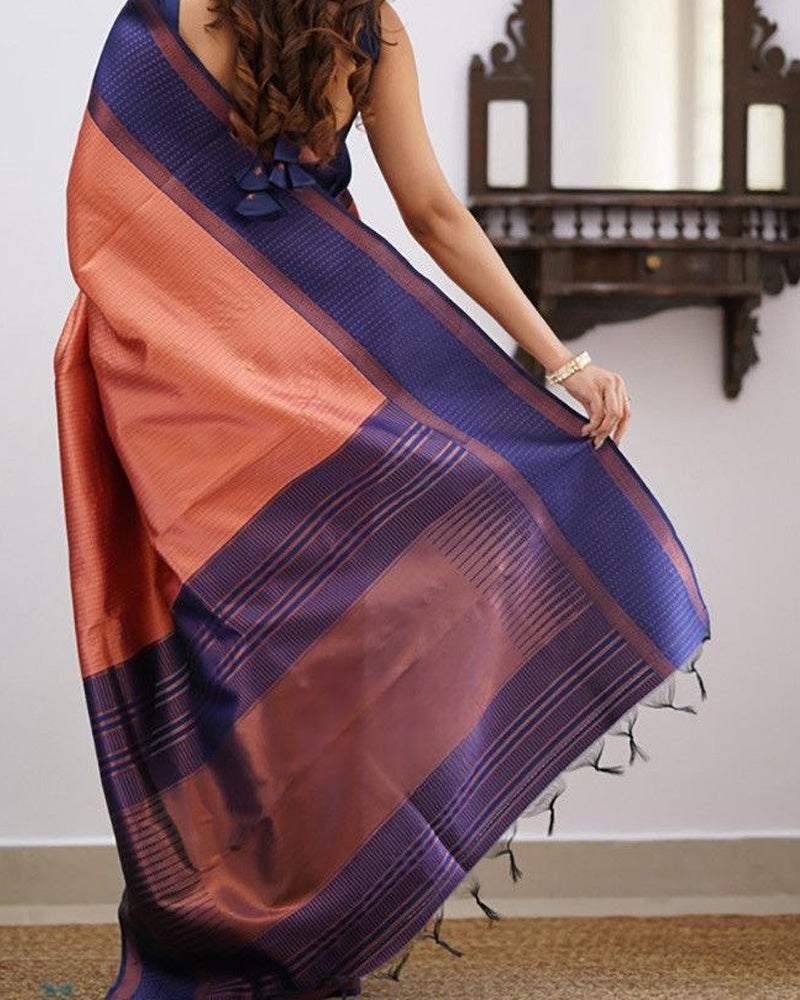 Blue And Orange color banarasi Soft Silk Saree